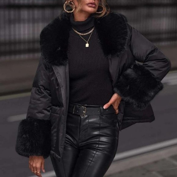 Faux fur Collar Belted Puffer Coat jacket contemporary minimalist - Picture 4 of 6